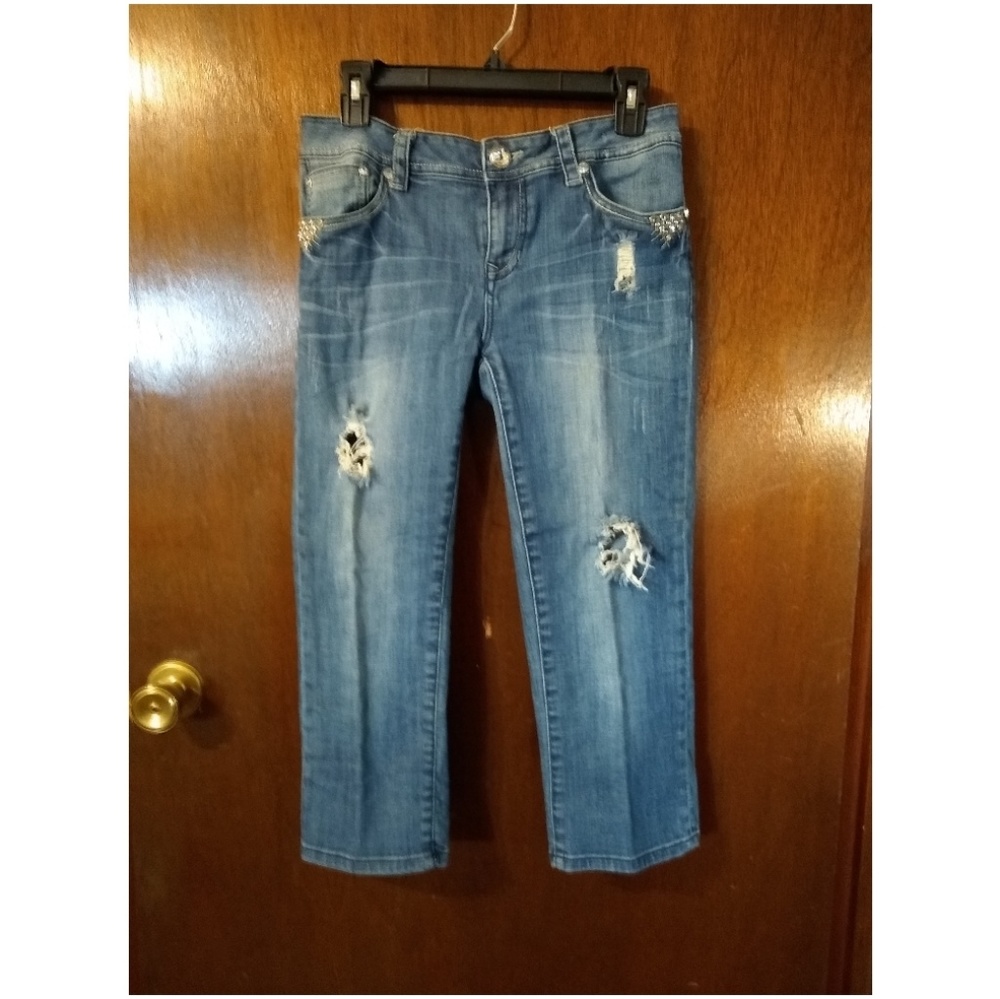 LA Idol Rhinestone Destroyed Capri Cropped Jeans